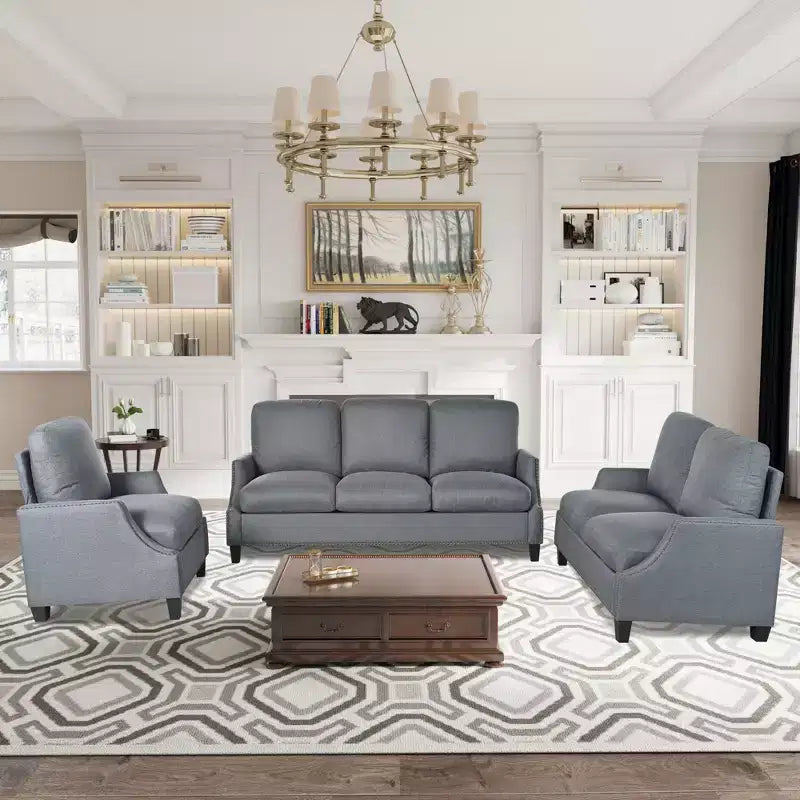 GDFStudio Cordoba Modern 3 Piece Upholstered Sofa Set with Nailhead Trim