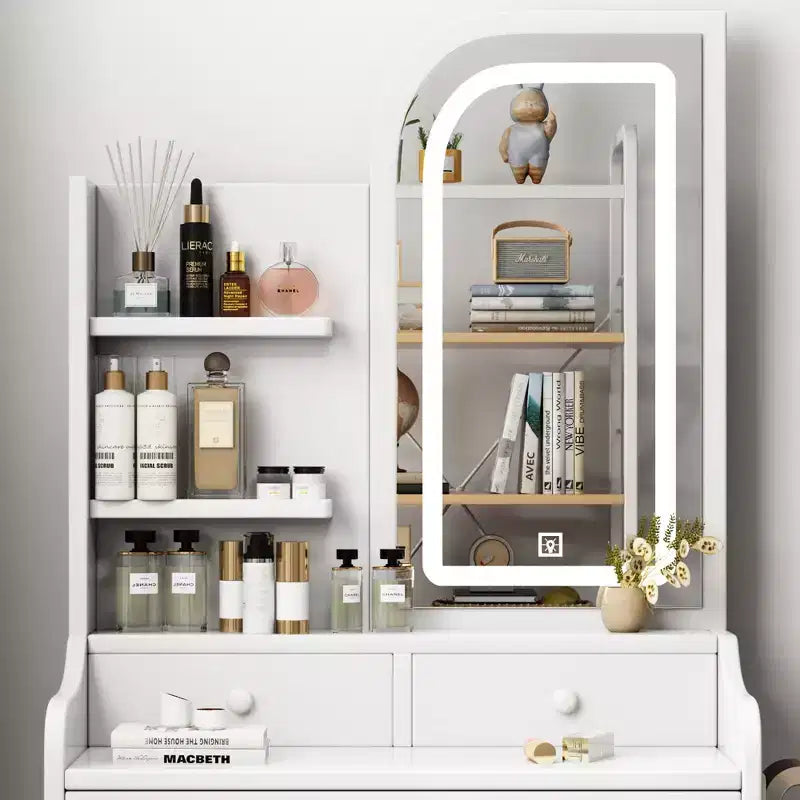 Makeup Vanity Desk Vanity Table Dressing Table with Chair, 3-Mode Lighted Mirror, Drawers & Open Shelves, White - ModernLuxe