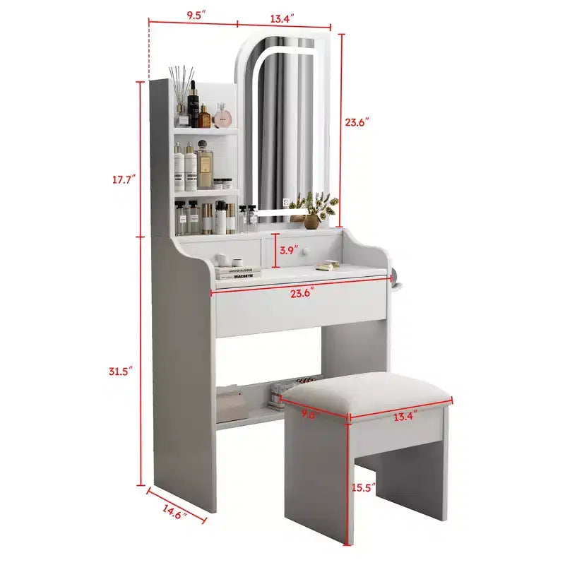 Makeup Vanity Desk Vanity Table Dressing Table with Chair, 3-Mode Lighted Mirror, Drawers & Open Shelves, White - ModernLuxe
