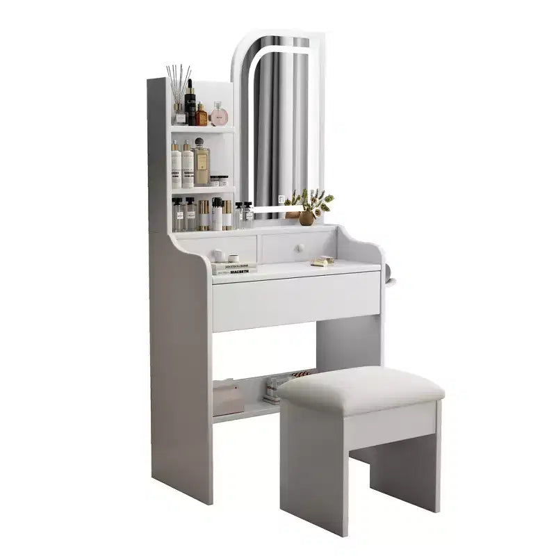 Makeup Vanity Desk Vanity Table Dressing Table with Chair, 3-Mode Lighted Mirror, Drawers & Open Shelves, White - ModernLuxe