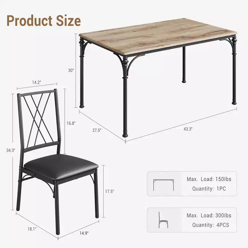 Dining Table Set for 4 with 4 Metal Chairs and Wood Indoor Modern Rectangular Dining Table Furniture, 5-Piece