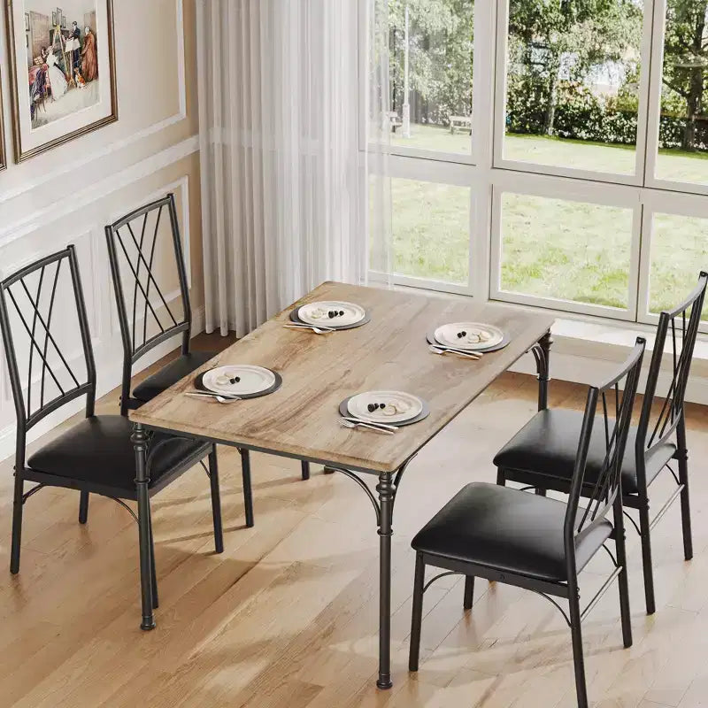 Dining Table Set for 4 with 4 Metal Chairs and Wood Indoor Modern Rectangular Dining Table Furniture, 5-Piece
