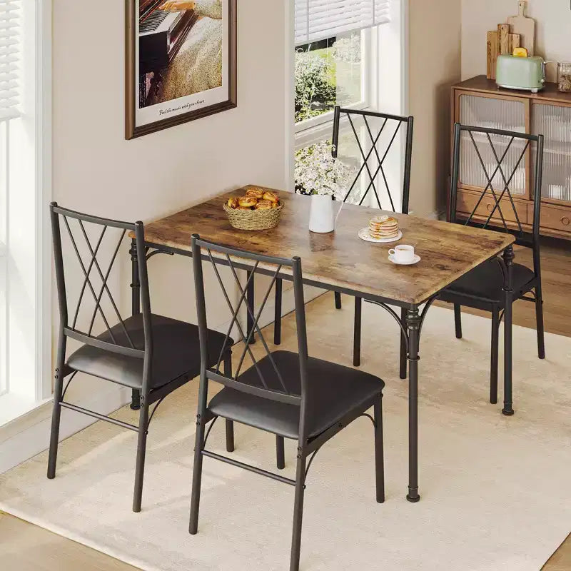 Dining Table Set for 4 with 4 Metal Chairs and Wood Indoor Modern Rectangular Dining Table Furniture, 5-Piece