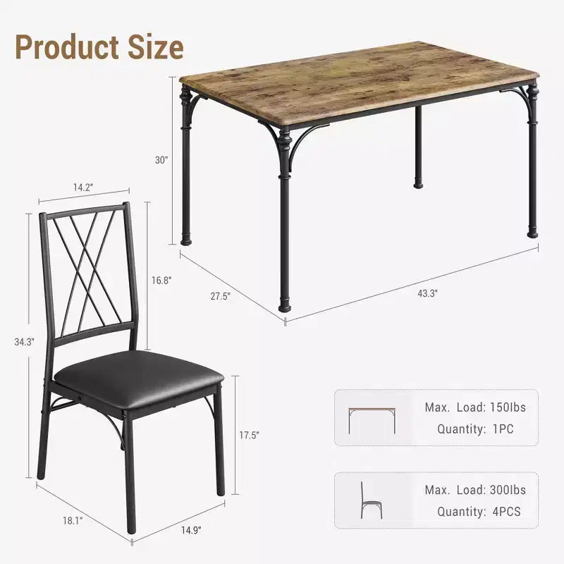 Dining Table Set for 4 with 4 Metal Chairs and Wood Indoor Modern Rectangular Dining Table Furniture, 5-Piece