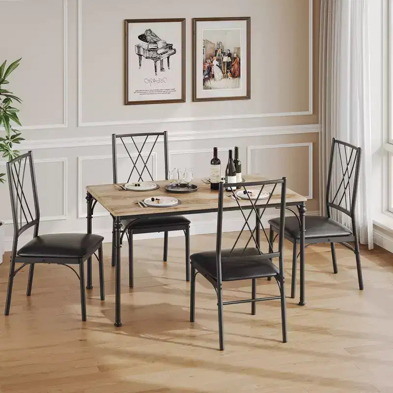 Dining Table Set for 4 with 4 Metal Chairs and Wood Indoor Modern Rectangular Dining Table Furniture, 5-Piece