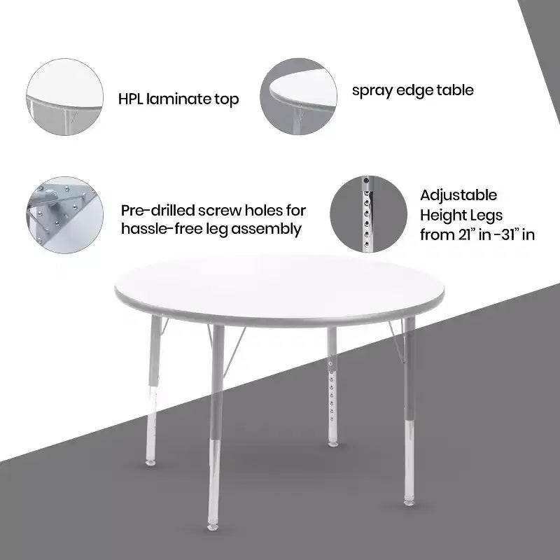 Bintiva Round Activity Table  36'' Diameter with Gray Spray Edge and Adjustable Steel Legs  Durable Classroom and Preschool Furniture