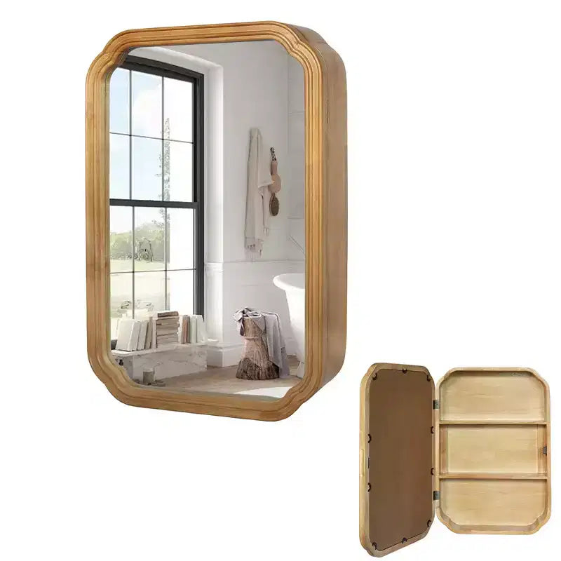 Whisen Wall-Mounted Bathroom Mirror with Cabinet and Adjustable Shelves, Space-Saving and Modern Elegant Design - Antique Natural