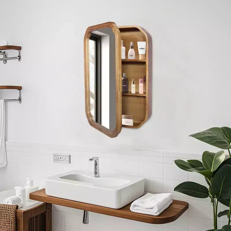 Whisen Wall-Mounted Bathroom Mirror with Cabinet and Adjustable Shelves, Space-Saving and Modern Elegant Design - Antique Natural