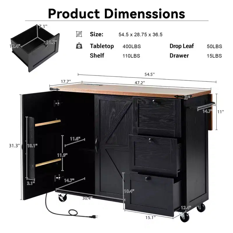 Kitchen Island with Drop Leaf, Power Outlet, Internal Storage Rack, Rolling Kitchen Cart on 5 Wheels with 5 Open Side Racks (Bar Stools Not Included)