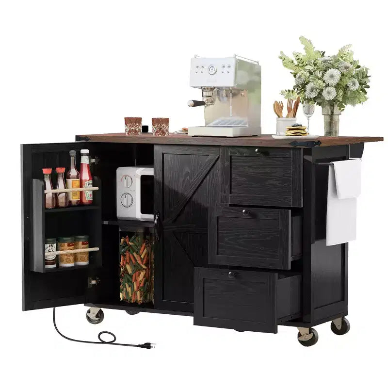 Kitchen Island with Drop Leaf, Power Outlet, Internal Storage Rack, Rolling Kitchen Cart on 5 Wheels with 5 Open Side Racks (Bar Stools Not Included)