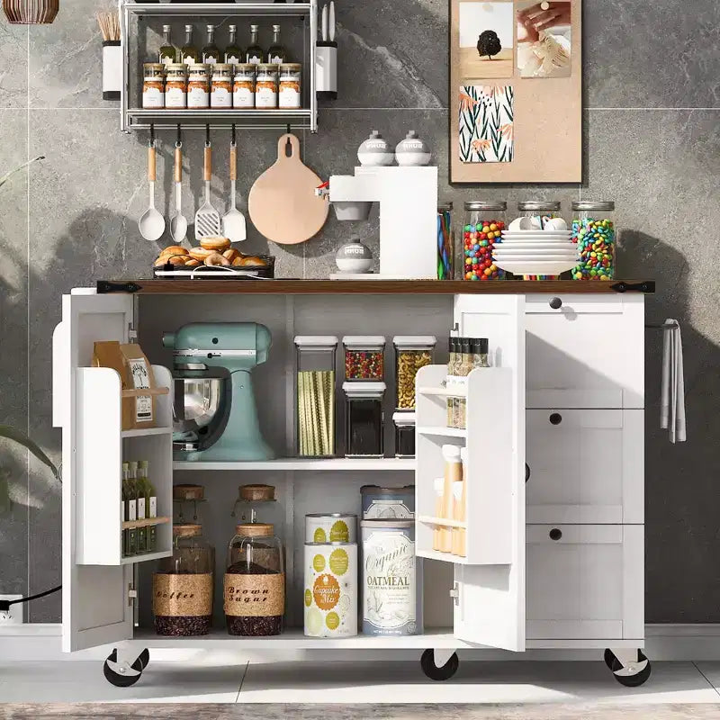 Kitchen Island with Drop Leaf, Power Outlet, Internal Storage Rack, Rolling Kitchen Cart on 5 Wheels with 5 Open Side Racks (Bar Stools Not Included)