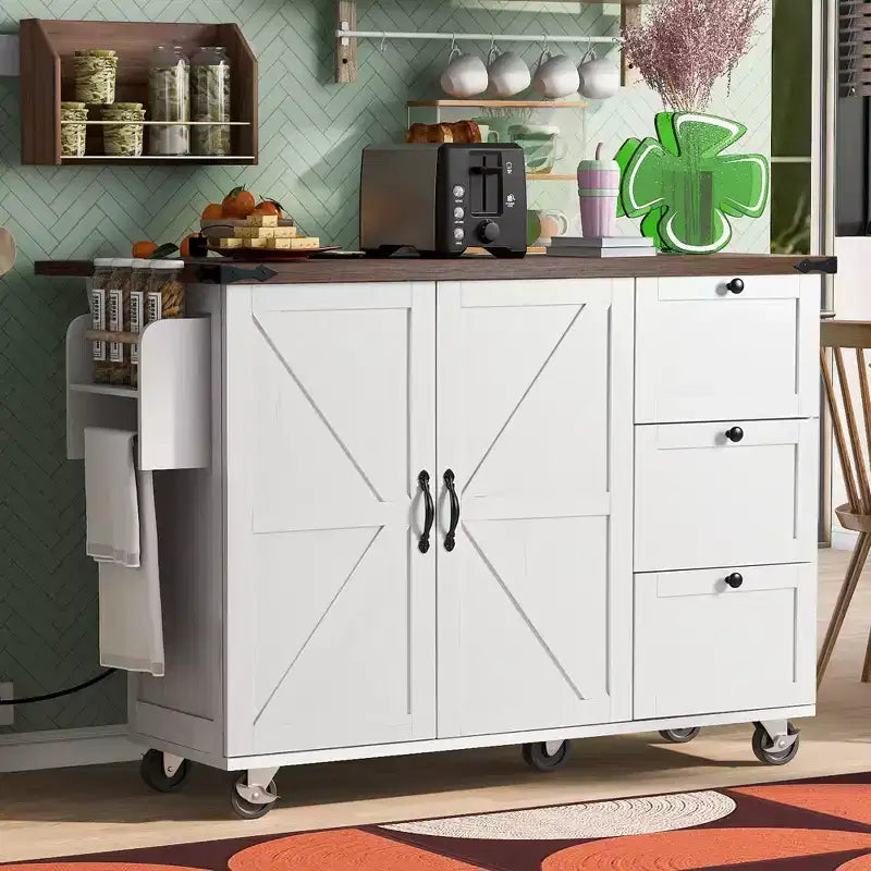 Kitchen Island with Drop Leaf, Power Outlet, Internal Storage Rack, Rolling Kitchen Cart on 5 Wheels with 5 Open Side Racks (Bar Stools Not Included)