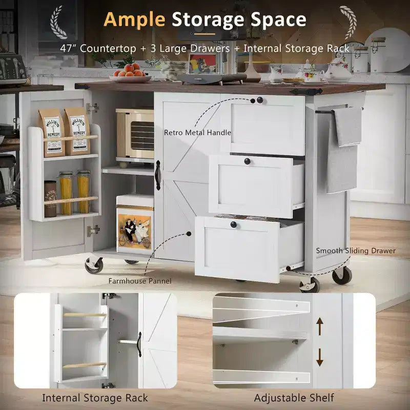 Kitchen Island with Drop Leaf, Power Outlet, Internal Storage Rack, Rolling Kitchen Cart on 5 Wheels with 5 Open Side Racks (Bar Stools Not Included)