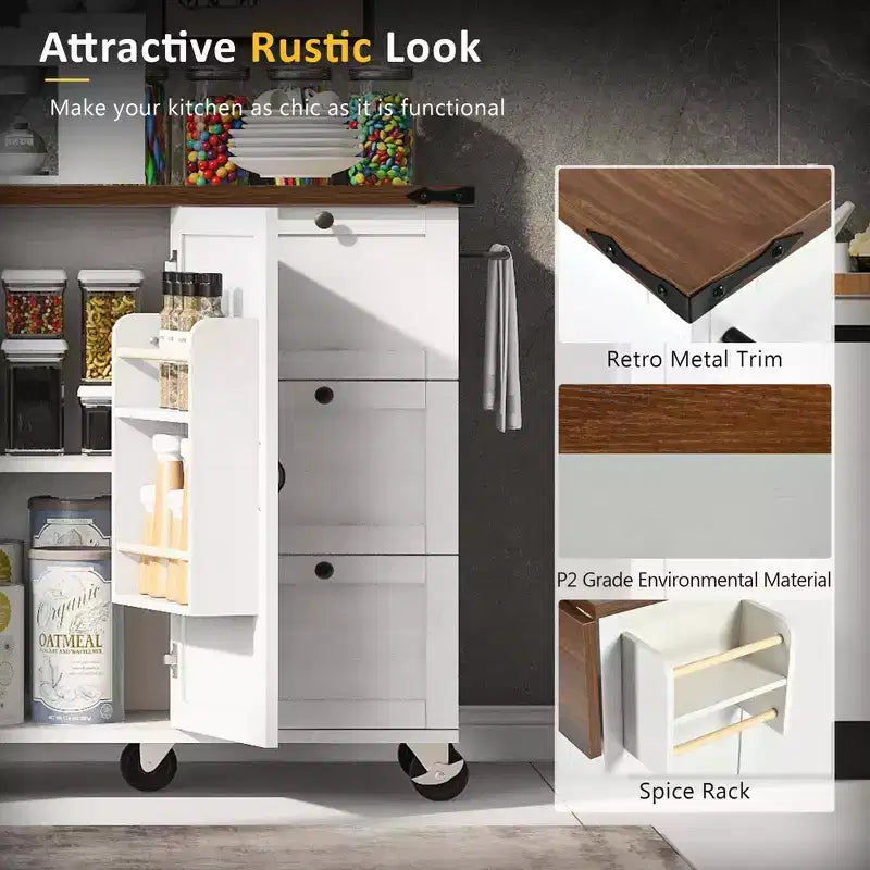 Kitchen Island with Drop Leaf, Power Outlet, Internal Storage Rack, Rolling Kitchen Cart on 5 Wheels with 5 Open Side Racks (Bar Stools Not Included)