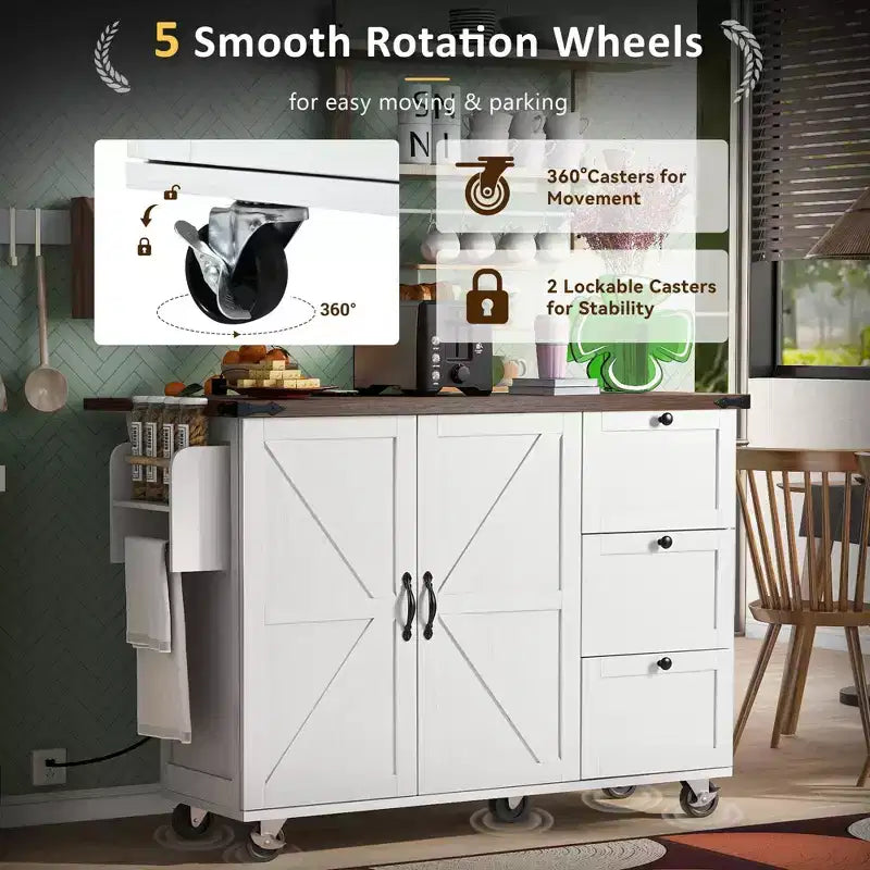 Kitchen Island with Drop Leaf, Power Outlet, Internal Storage Rack, Rolling Kitchen Cart on 5 Wheels with 5 Open Side Racks (Bar Stools Not Included)