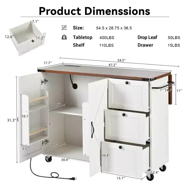 Kitchen Island with Drop Leaf, Power Outlet, Internal Storage Rack, Rolling Kitchen Cart on 5 Wheels with 5 Open Side Racks (Bar Stools Not Included)