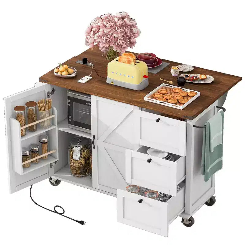 Kitchen Island with Drop Leaf, Power Outlet, Internal Storage Rack, Rolling Kitchen Cart on 5 Wheels with 5 Open Side Racks (Bar Stools Not Included)