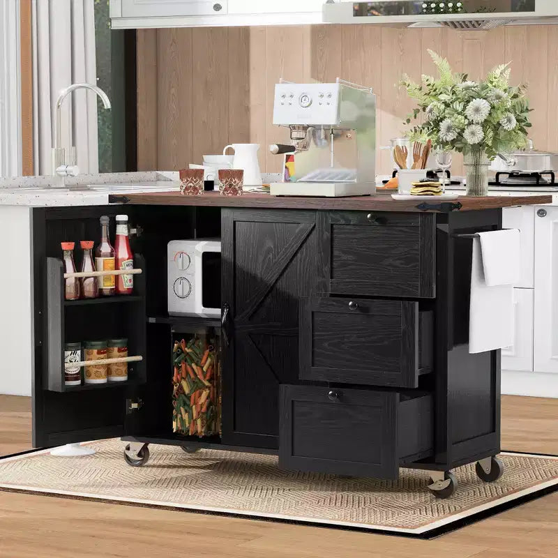 Kitchen Island with Drop Leaf, Power Outlet, Internal Storage Rack, Rolling Kitchen Cart on 5 Wheels with 5 Open Side Racks (Bar Stools Not Included)