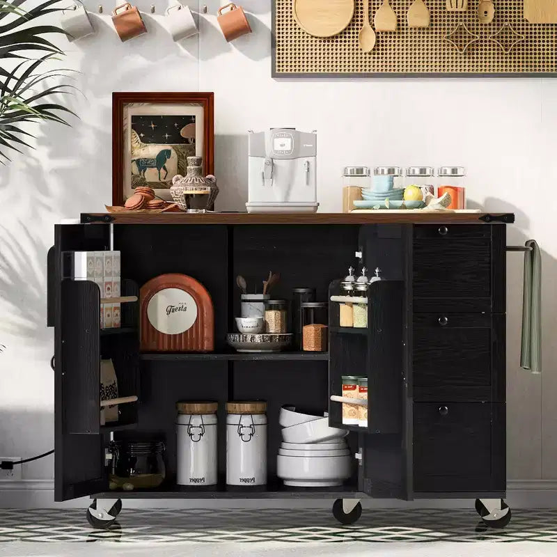 Kitchen Island with Drop Leaf, Power Outlet, Internal Storage Rack, Rolling Kitchen Cart on 5 Wheels with 5 Open Side Racks (Bar Stools Not Included)