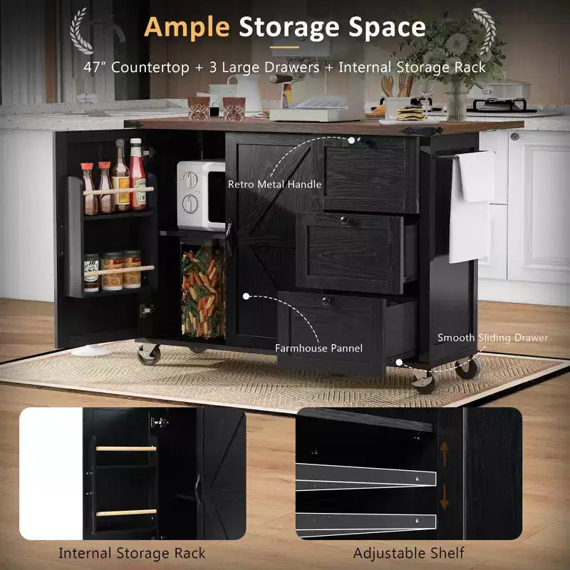 Kitchen Island with Drop Leaf, Power Outlet, Internal Storage Rack, Rolling Kitchen Cart on 5 Wheels with 5 Open Side Racks (Bar Stools Not Included)
