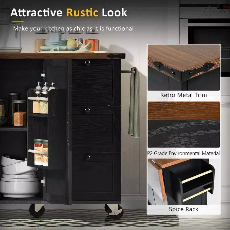 Kitchen Island with Drop Leaf, Power Outlet, Internal Storage Rack, Rolling Kitchen Cart on 5 Wheels with 5 Open Side Racks (Bar Stools Not Included)