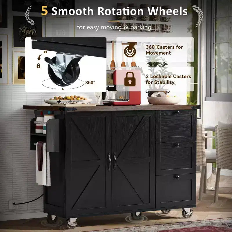 Kitchen Island with Drop Leaf, Power Outlet, Internal Storage Rack, Rolling Kitchen Cart on 5 Wheels with 5 Open Side Racks (Bar Stools Not Included)