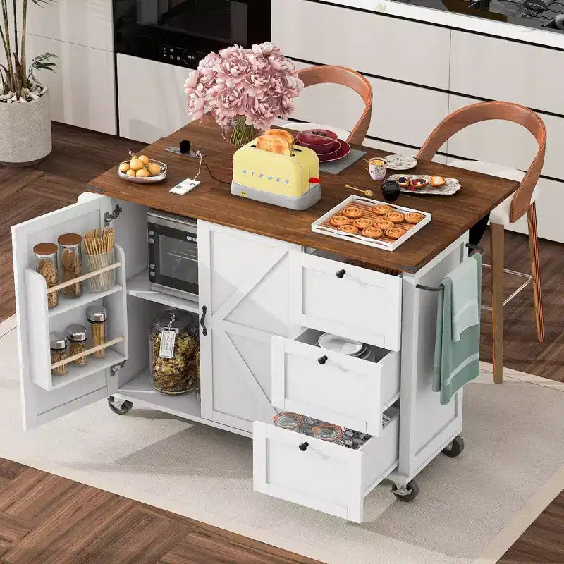 Kitchen Island with Drop Leaf, Power Outlet, Internal Storage Rack, Rolling Kitchen Cart on 5 Wheels with 5 Open Side Racks (Bar Stools Not Included)