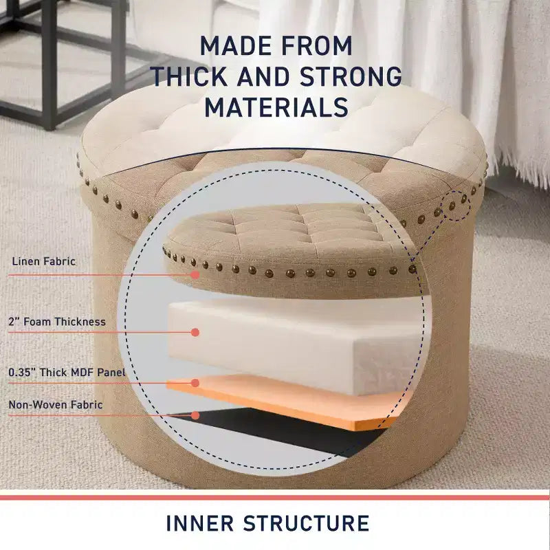 Ornavo Home Decor Large 20 Round Collapsible Storage Ottoman with Nailhead Trim for Living Room and Bedroom