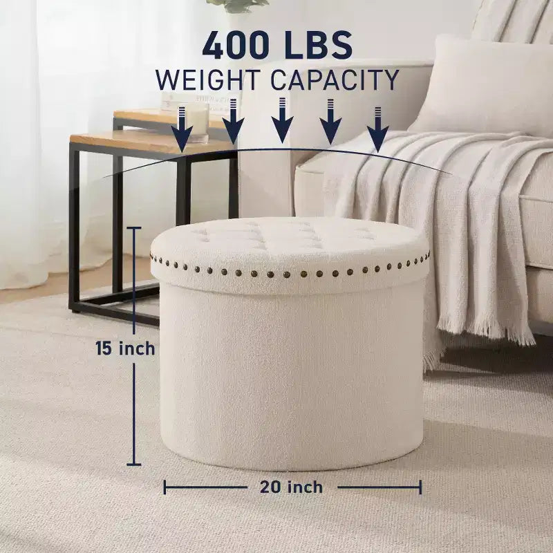 Ornavo Home Decor Large 20 Round Collapsible Storage Ottoman with Nailhead Trim for Living Room and Bedroom