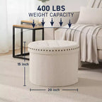 Ornavo Home Decor Large 20 Round Collapsible Storage Ottoman with Nailhead Trim for Living Room and Bedroom