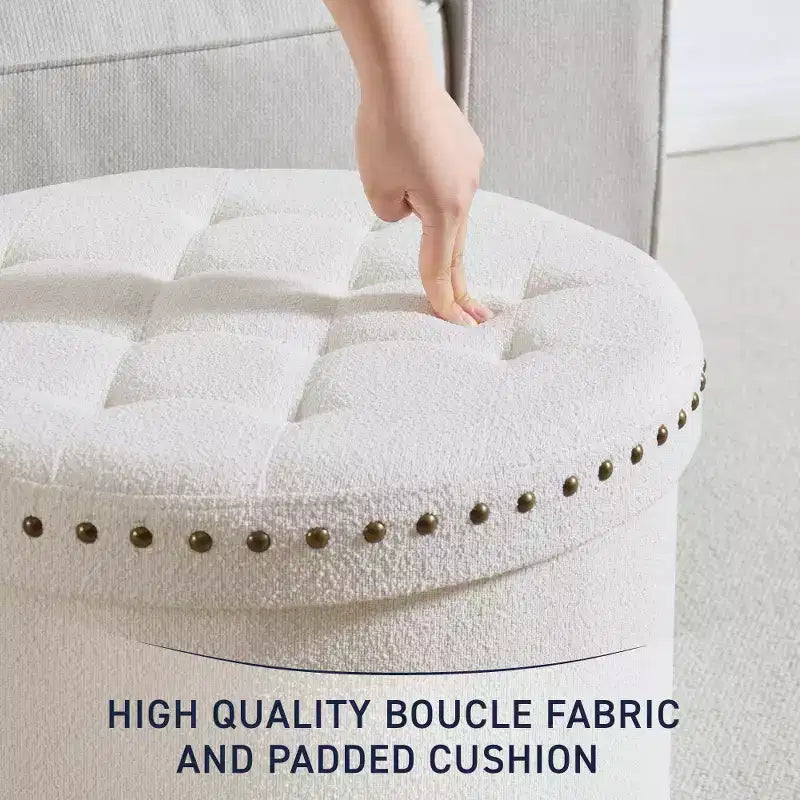 Ornavo Home Decor Large 20 Round Collapsible Storage Ottoman with Nailhead Trim for Living Room and Bedroom