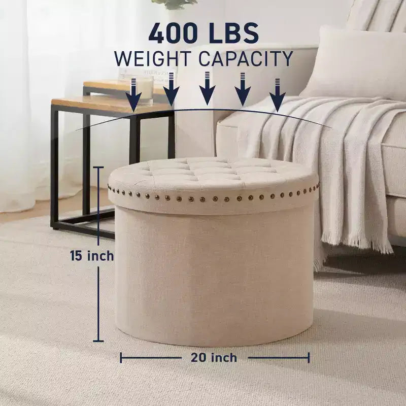Ornavo Home Decor Large 20 Round Collapsible Storage Ottoman with Nailhead Trim for Living Room and Bedroom