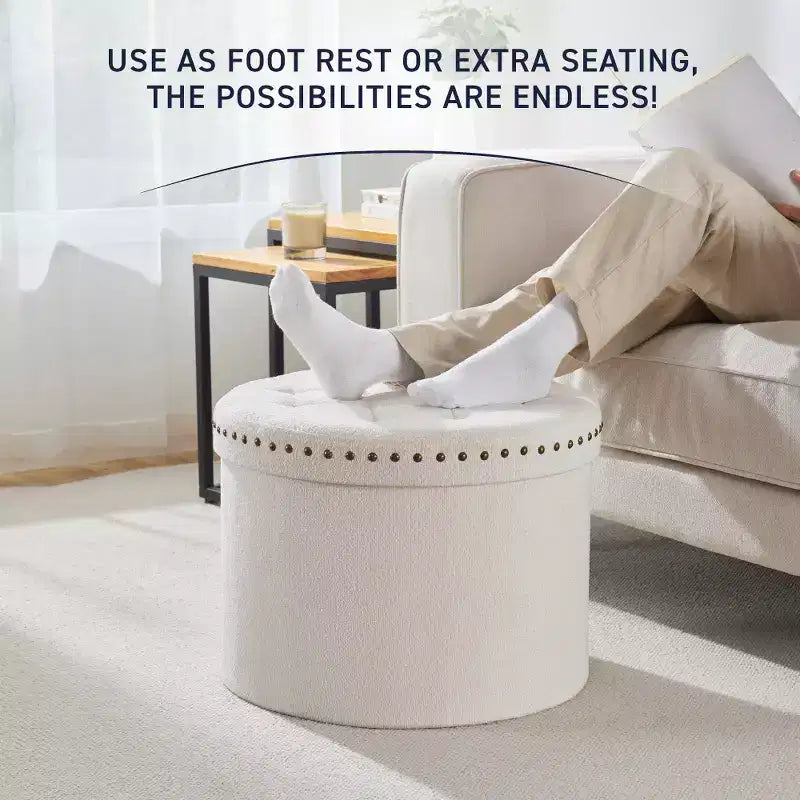 Ornavo Home Decor Large 20 Round Collapsible Storage Ottoman with Nailhead Trim for Living Room and Bedroom