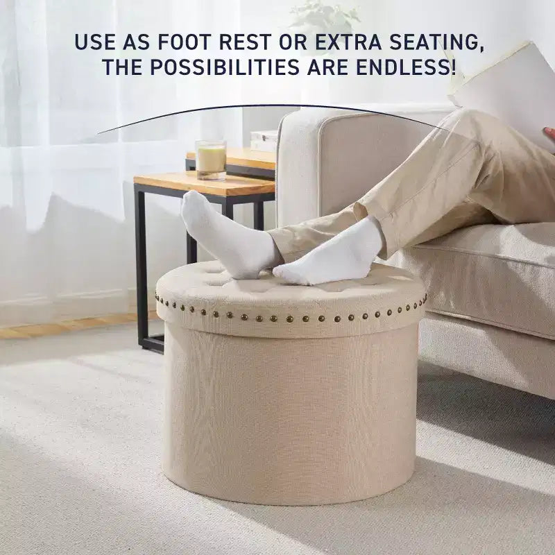 Ornavo Home Decor Large 20 Round Collapsible Storage Ottoman with Nailhead Trim for Living Room and Bedroom