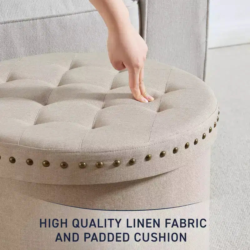 Ornavo Home Decor Large 20 Round Collapsible Storage Ottoman with Nailhead Trim for Living Room and Bedroom