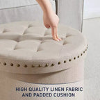 Ornavo Home Decor Large 20 Round Collapsible Storage Ottoman with Nailhead Trim for Living Room and Bedroom