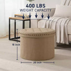 Ornavo Home Decor Large 20 Round Collapsible Storage Ottoman with Nailhead Trim for Living Room and Bedroom