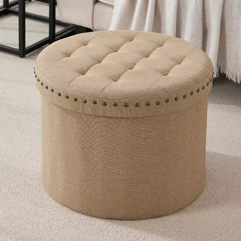 Ornavo Home Decor Large 20 Round Collapsible Storage Ottoman with Nailhead Trim for Living Room and Bedroom