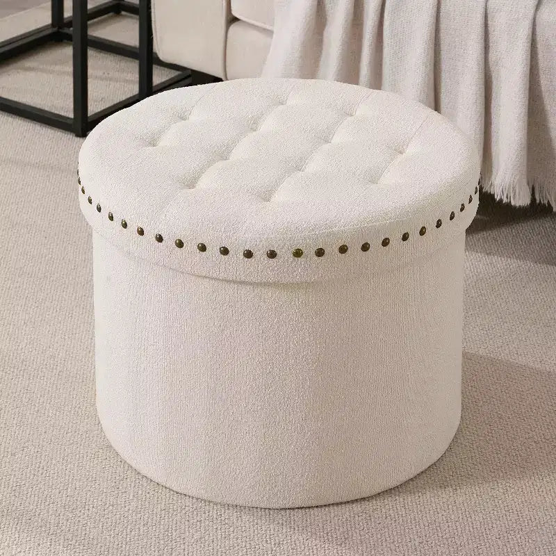 Ornavo Home Decor Large 20 Round Collapsible Storage Ottoman with Nailhead Trim for Living Room and Bedroom