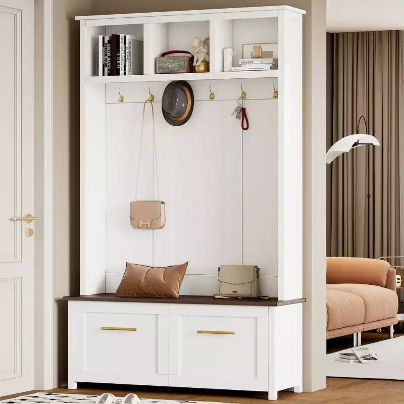 CLIHOME Versatile 4-in-1 Hall Tree with 6 Golden Hooks, Wood Grain Bench with Multiple Storage Space, Entryway Coat Rack with 2 Drawers