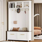 CLIHOME Versatile 4-in-1 Hall Tree with 6 Golden Hooks, Wood Grain Bench with Multiple Storage Space, Entryway Coat Rack with 2 Drawers