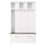 CLIHOME Versatile 4-in-1 Hall Tree with 6 Golden Hooks, Wood Grain Bench with Multiple Storage Space, Entryway Coat Rack with 2 Drawers