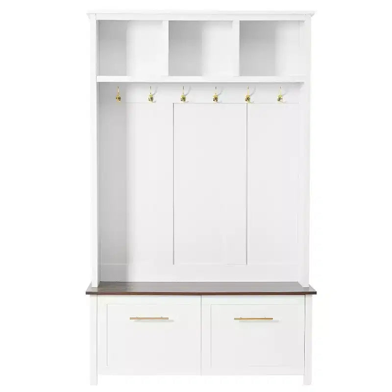 CLIHOME Versatile 4-in-1 Hall Tree with 6 Golden Hooks, Wood Grain Bench with Multiple Storage Space, Entryway Coat Rack with 2 Drawers