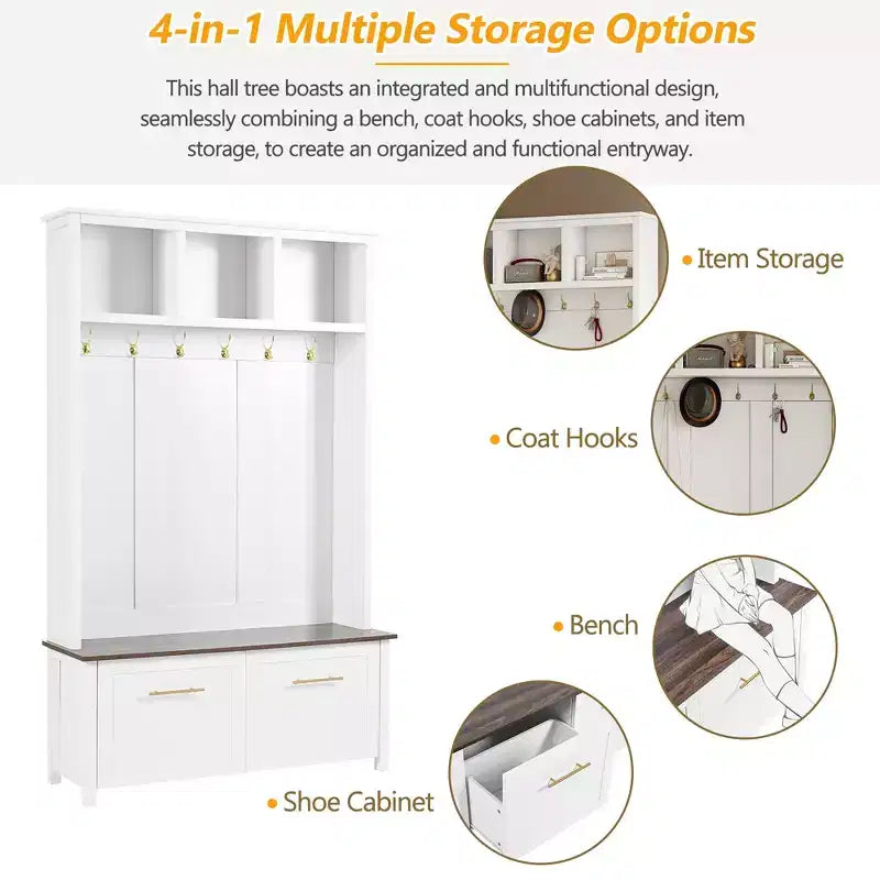 CLIHOME Versatile 4-in-1 Hall Tree with 6 Golden Hooks, Wood Grain Bench with Multiple Storage Space, Entryway Coat Rack with 2 Drawers