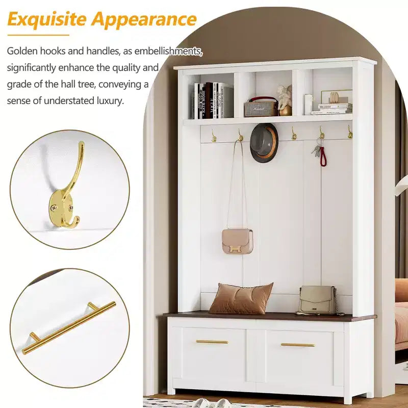 CLIHOME Versatile 4-in-1 Hall Tree with 6 Golden Hooks, Wood Grain Bench with Multiple Storage Space, Entryway Coat Rack with 2 Drawers