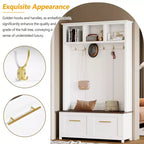 CLIHOME Versatile 4-in-1 Hall Tree with 6 Golden Hooks, Wood Grain Bench with Multiple Storage Space, Entryway Coat Rack with 2 Drawers
