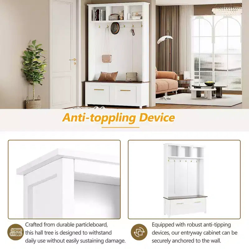 CLIHOME Versatile 4-in-1 Hall Tree with 6 Golden Hooks, Wood Grain Bench with Multiple Storage Space, Entryway Coat Rack with 2 Drawers