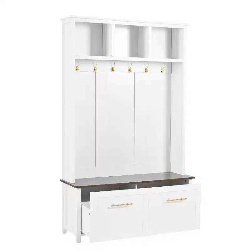 CLIHOME Versatile 4-in-1 Hall Tree with 6 Golden Hooks, Wood Grain Bench with Multiple Storage Space, Entryway Coat Rack with 2 Drawers
