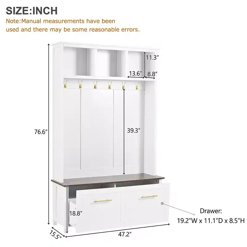 CLIHOME Versatile 4-in-1 Hall Tree with 6 Golden Hooks, Wood Grain Bench with Multiple Storage Space, Entryway Coat Rack with 2 Drawers