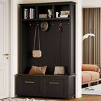 CLIHOME Versatile 4-in-1 Hall Tree with 6 Golden Hooks, Wood Grain Bench with Multiple Storage Space, Entryway Coat Rack with 2 Drawers